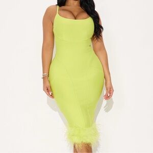 Elegant Lime Green Feather Trim Dress